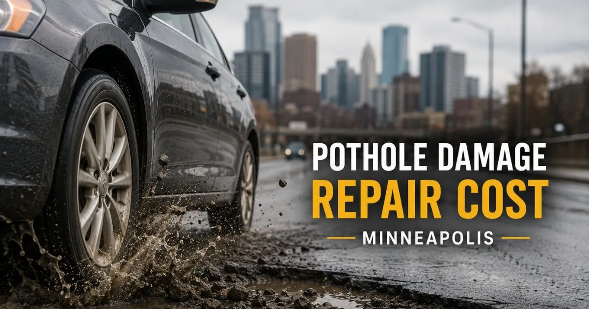 Car hitting a pothole on a Minneapolis road causing potential suspension and tire damage